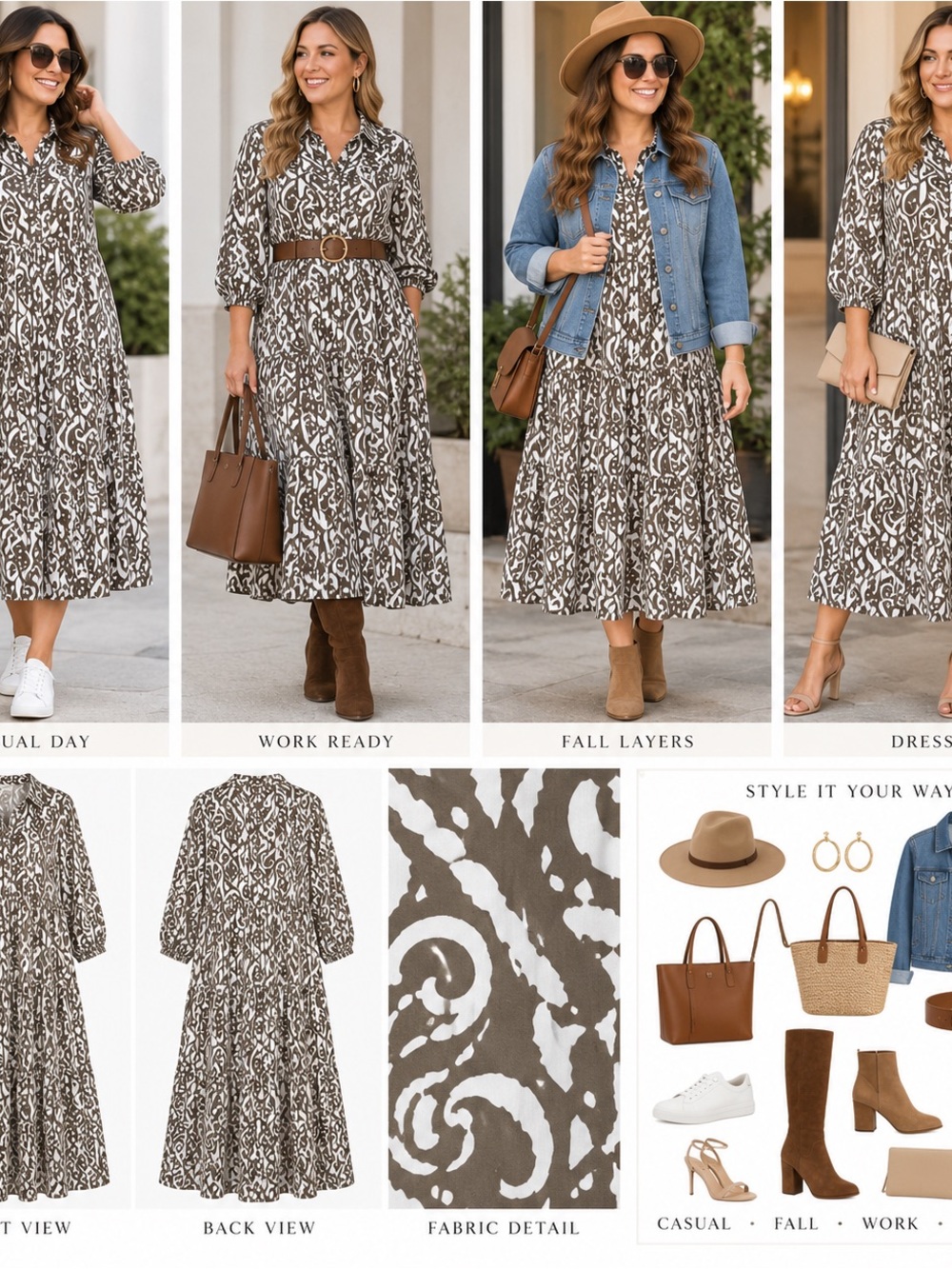 Umgee Brown and White Printed Midi Shirt Dress
